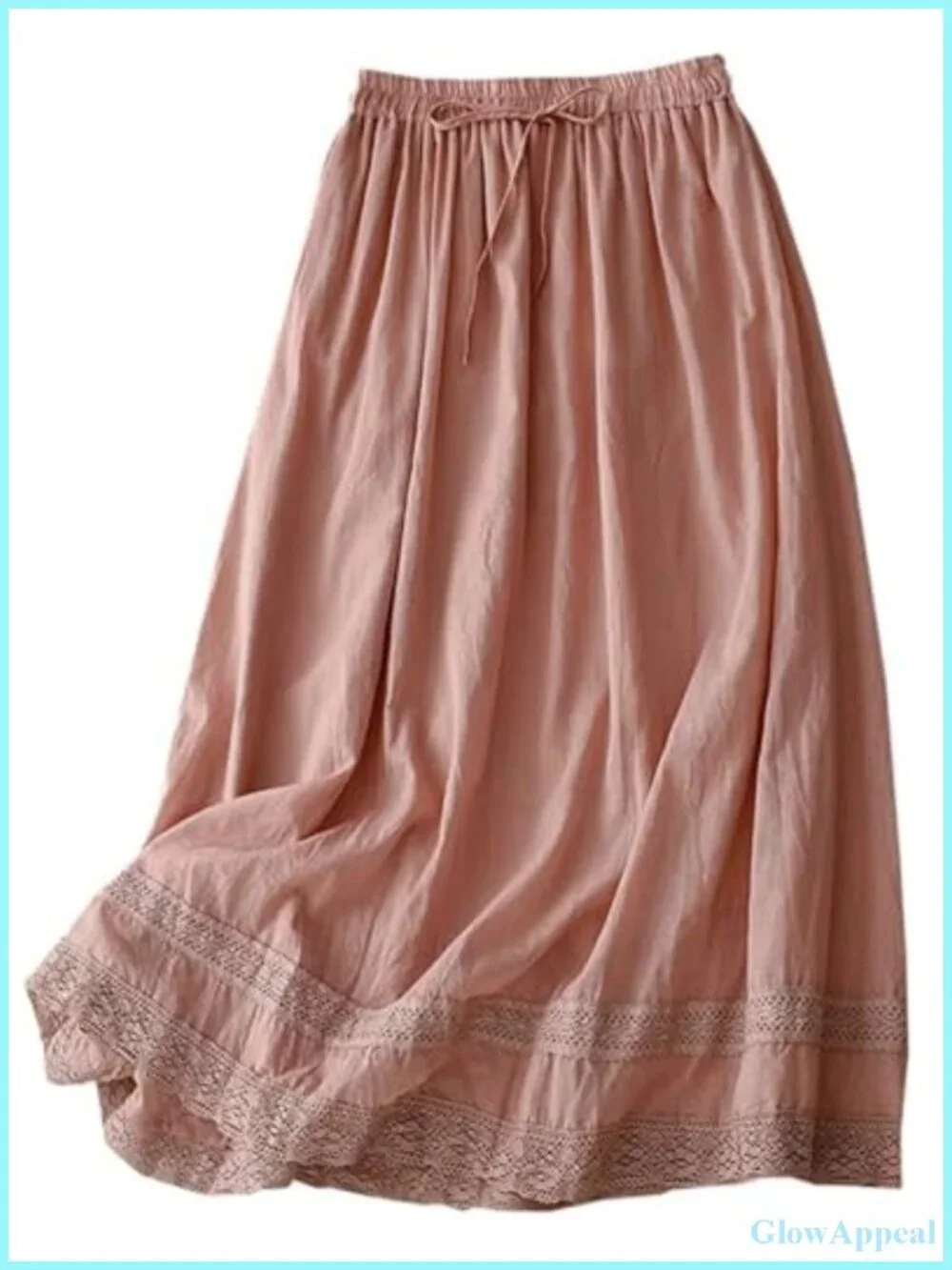 Women's Cotton Linen Midi Skirt Flowy Boho A-Line Lace Trim